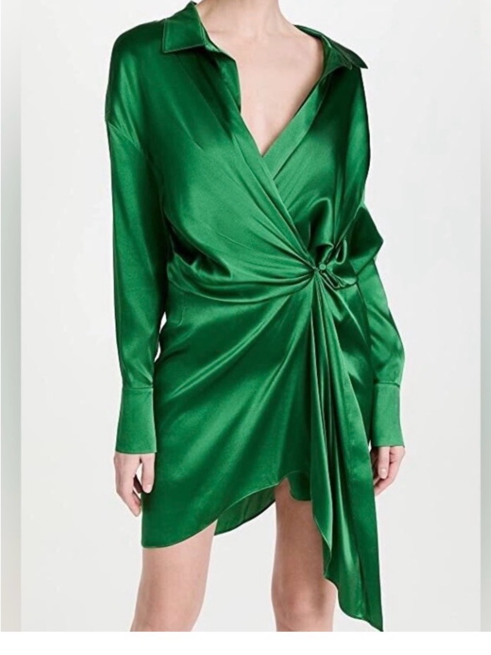 SER.O.YA Emerald Green Silk Satin Asymmetrical Wrap Dress 
Long Sleeve $495